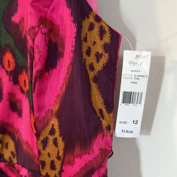 Nordstrom Eliza J NWT Ikat Print Sleeveless Dress 12 Pink Green Gold Fit & Flare - Picture 4 of 12